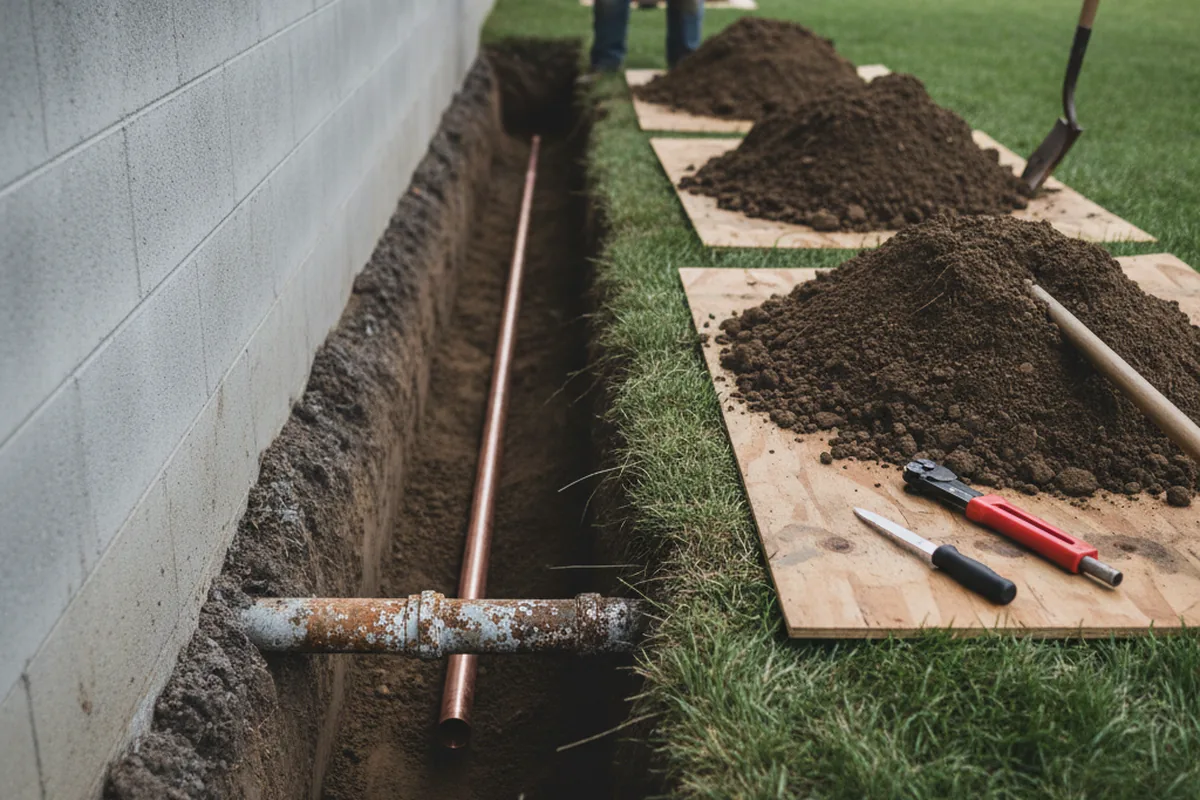 Excavated water line trench during Water Softener Installation in Campbellsburg